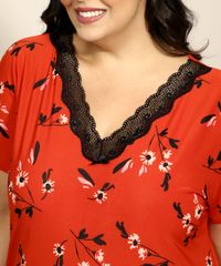 Camisola-Feminina-Plus-Size-Estampada-Floral-com-Renda-Manga-Curta-Vermelha-9970229-Vermelho_4