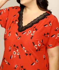 Camisola-Feminina-Plus-Size-Estampada-Floral-com-Renda-Manga-Curta-Vermelha-9970229-Vermelho_5