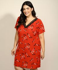 Camisola-Feminina-Plus-Size-Estampada-Floral-com-Renda-Manga-Curta-Vermelha-9970229-Vermelho_6