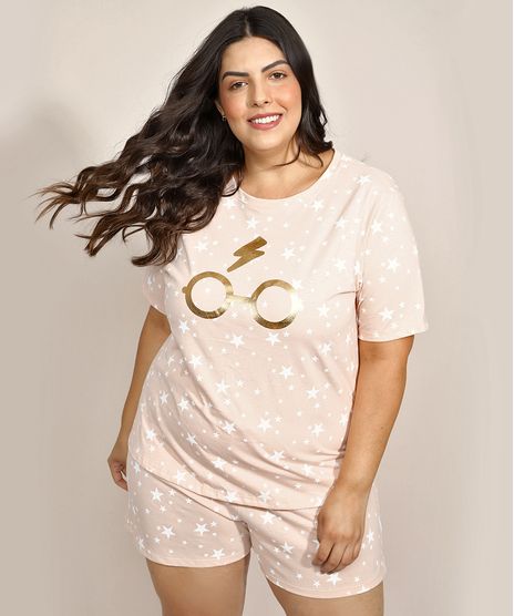 Pijama-Feminino-Plus-Size-Harry-Potter-Metalizado-Estampado-de-Estrelas-Manga-Curta-Rose-9961132-Rose_1