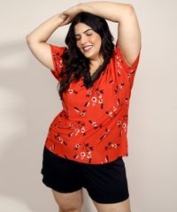Pijama-Feminino-Plus-Size-com-Estampa-Floral-e-Renda-Manga-Curta-Vermelho-9970228-Vermelho_1