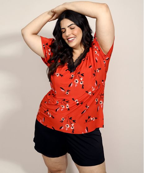 Pijama-Feminino-Plus-Size-com-Estampa-Floral-e-Renda-Manga-Curta-Vermelho-9970228-Vermelho_1