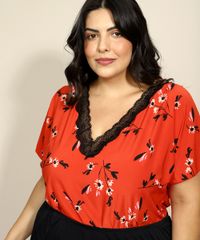 Pijama-Feminino-Plus-Size-com-Estampa-Floral-e-Renda-Manga-Curta-Vermelho-9970228-Vermelho_4