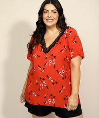 Pijama-Feminino-Plus-Size-com-Estampa-Floral-e-Renda-Manga-Curta-Vermelho-9970228-Vermelho_5