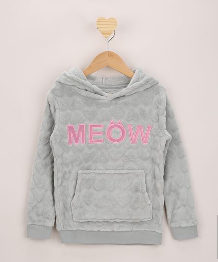 Blusao-Infantil-de-Pelo-Texturizado--Meow--Holografico-com-Capuz-e-Bolso-Canguru-Cinza-9797529-Cinza_1