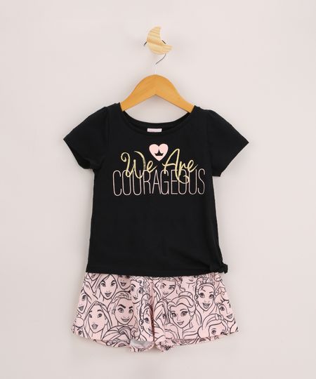 Conjunto-Infantil-Princesas-de-Blusa--We-Are-Courageous--Manga-Curta-com-No-Preta---Short-Estampado-Rosa-Claro-9962343-Rosa_Claro_1