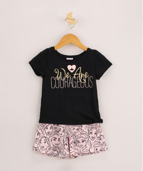 Conjunto-Infantil-Princesas-de-Blusa--We-Are-Courageous--Manga-Curta-com-No-Preta---Short-Estampado-Rosa-Claro-9962343-Rosa_Claro_1
