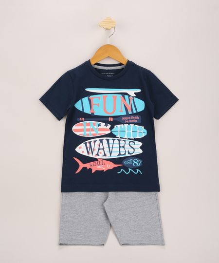 Conjunto-Infantil-de-Camiseta-Pranchas-Manga-Curta-Azul-Marinho---Bermuda-de-Moletom-Cinza-Mescla-9954601-Cinza_Mescla_1