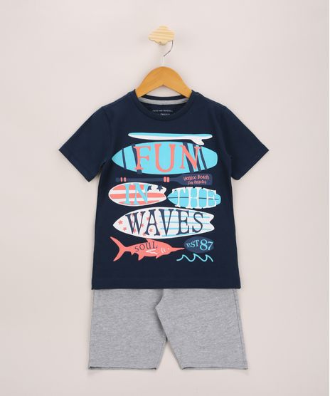 Conjunto-Infantil-de-Camiseta-Pranchas-Manga-Curta-Azul-Marinho---Bermuda-de-Moletom-Cinza-Mescla-9954601-Cinza_Mescla_1