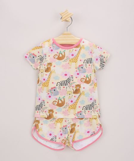 Pijama-Infantil-Estampado-de-Bichos-Manga-Curta-Amarelo-9964005-Amarelo_1
