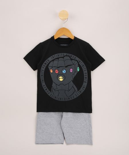 Conjunto-Infantil-de-Camiseta-Manopla-do-Infinito-Manga-Curta-Preta---Bermuda-de-Moletom-Cinza-Mescla-9968178-Cinza_Mescla_1