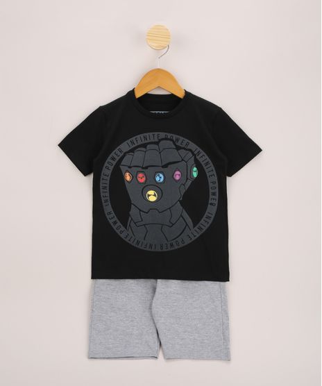 Conjunto-Infantil-de-Camiseta-Manopla-do-Infinito-Manga-Curta-Preta---Bermuda-de-Moletom-Cinza-Mescla-9968178-Cinza_Mescla_1