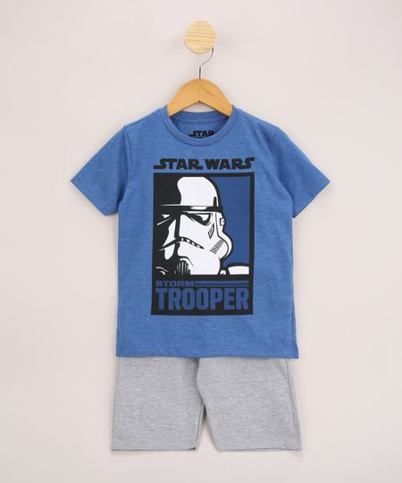 Conjunto Infantil de Camiseta Star Wars Manga Curta Azul + Bermuda de Moletom Cinza Mescla - 4 Menor preço em Conjunto Infantil de Camiseta Star Wars Manga Curta Azul + Bermuda de Moletom Cinza Mescla - 4