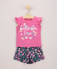Conjunto-Infantil-de-Blusa--Cultivate-Love--com-Glitter-Manga-Curta-Pink---Short-Estampado-Floral-Azul-Marinho-9969017-Azul_Marinho_1