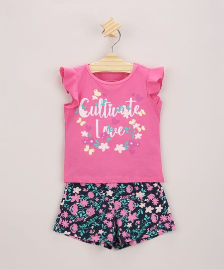 Conjunto-Infantil-de-Blusa--Cultivate-Love--com-Glitter-Manga-Curta-Pink---Short-Estampado-Floral-Azul-Marinho-9969017-Azul_Marinho_1