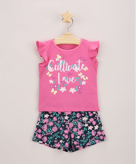 Conjunto-Infantil-de-Blusa--Cultivate-Love--com-Glitter-Manga-Curta-Pink---Short-Estampado-Floral-Azul-Marinho-9969017-Azul_Marinho_1