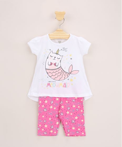 Conjunto-Infantil-de-Blusa-Ampla-Gata-Sereia-com-Glitter-e-Babado-Manga-Curta-Off-White---Bermuda-Estampada-Fundo-do-Mar-Rosa-9967875-Rosa_1
