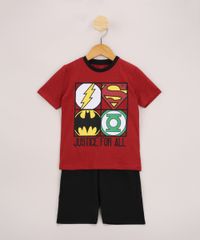 Conjunto-Infantil-de-Camiseta-Liga-da-Justica-Manga-Curta-Vermelha---Bermuda-de-Moletom-Preta-9968188-Preto_1
