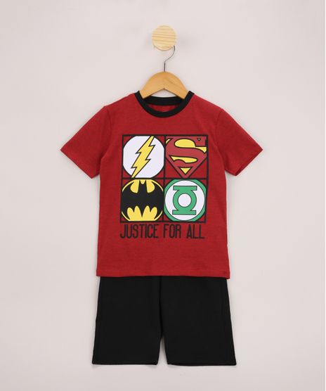Conjunto-Infantil-de-Camiseta-Liga-da-Justica-Manga-Curta-Vermelha---Bermuda-de-Moletom-Preta-9968188-Preto_1