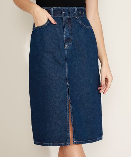 Saia-Jeans-Feminina-Midi-com-Fenda-e-Cinto-Azul-Escuro-9964753-Azul_Escuro_1
