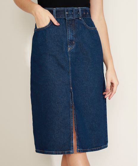 Saia-Jeans-Feminina-Midi-com-Fenda-e-Cinto-Azul-Escuro-9964753-Azul_Escuro_1