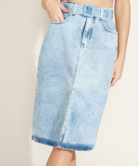 Saia-Jeans-Feminina-Midi-com-Fenda-e-Cinto-Azul-Claro-9964761-Azul_Claro_1