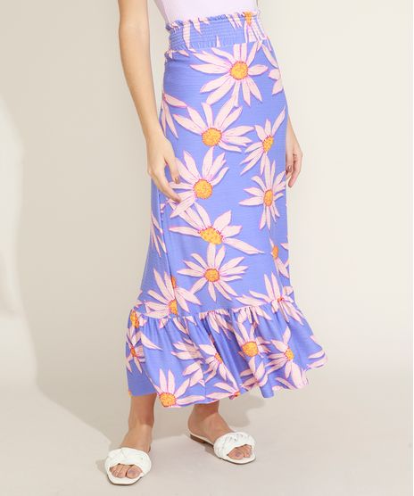 Saia-Feminina-Longa-Estampada-de-Margaridas-com-Babados-Azul-Claro-9960807-Azul_Claro_1