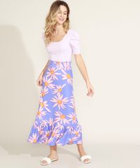 Saia-Feminina-Longa-Estampada-de-Margaridas-com-Babados-Azul-Claro-9960807-Azul_Claro_5