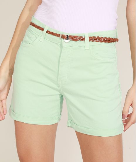 Bermuda-de-Sarja-Feminina-Cintura-Alta-com-Barra-Dobrada-e-Cinto-Verde-Claro-9967067-Verde_Claro_1