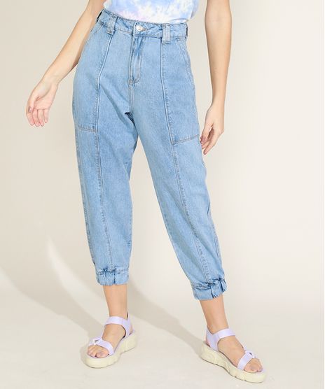 Calca-Jeans-Feminina-Baggy-Jogger-Cintura-Super-Alta-com-Recorte-Azul-Claro-9964983-Azul_Claro_1
