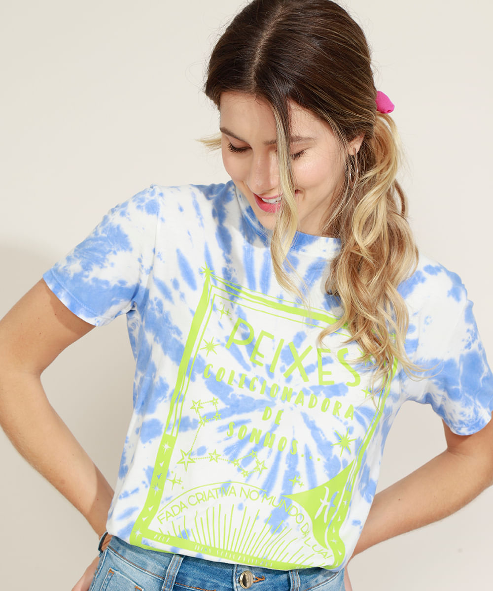 Blusa Feminina Signo Peixes Estampada Tie Dye Manga Curta Decote Redondo Azul