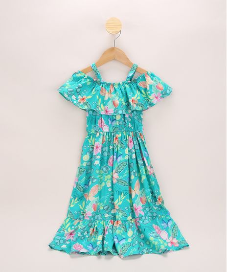 Vestido-Infantil-Midi-Open-Shoulder-Estampado-de-Folhagem-Manga-Curta-Verde-9965255-Verde_1