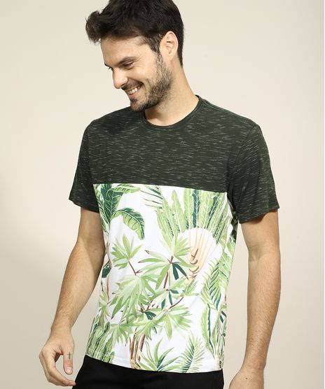 Camiseta-Masculina-com-Recortes-Estampado-Folhagens-Manga-Curta-Gola-Careca-Verde-Escuro-9966628-Verde_Escuro_1