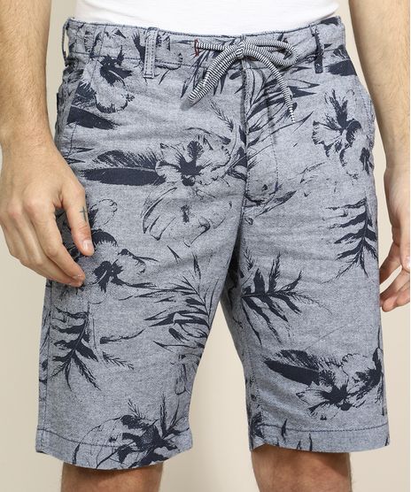 Bermuda-de-Sarja-Masculina-Reta-Estampada-de-Folhagens-com-Bolsos-Azul-Marinho-9969455-Azul_Marinho_1