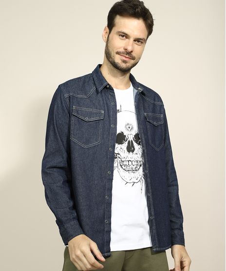 Camisa-Jeans-Masculina-Tradicional-com-Bolsos-Manga-Longa-Azul-Escuro-9961815-Azul_Escuro_1