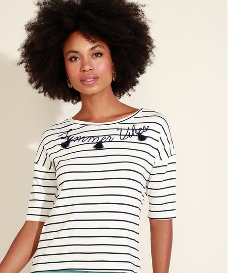 Blusa-Feminina-Listrada-com-Bordado--Summer-Vibes--e-Tassel-Manga-Curta-Decote-Redondo-Off-White-9963290-Off_White_1
