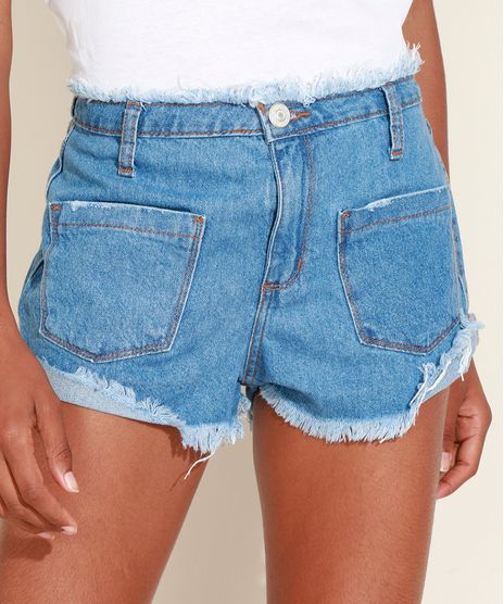 Short-Jeans-Feminino-Cintura-Alta-Lateral-Curta-com-Barra-e-Cos-Desfiados-Azul-Claro-9971815-Azul_Claro_1