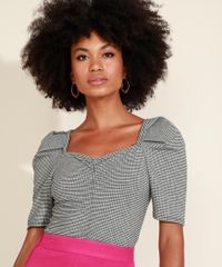 Blusa-Feminina-Estampada-Xadrez-Vichy-com-Franzido-Manga-Bufante-Decote-Princesa-Preta-9972722-Preto_1