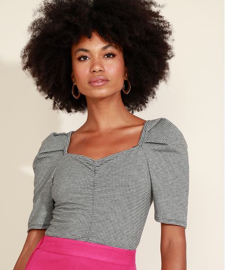 Blusa-Feminina-Estampada-Xadrez-Vichy-com-Franzido-Manga-Bufante-Decote-Princesa-Preta-9972722-Preto_1