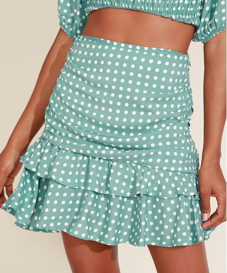 Saia-Feminina-Mindset-Curta-Estampada-de-Poa-com-Franzido-e-Babado-em-Camadas-Verde-Claro-9975454-Verde_Claro_1