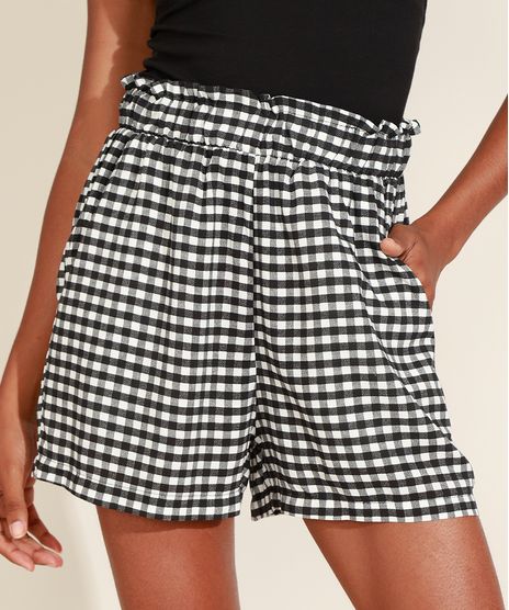 Short-Feminino-Mindset-Cintura-Super-Alta-Estampado-Xadrez-Vichy-com-Bolsos-Preto-9975473-Preto_1