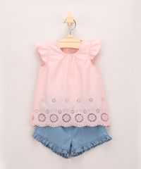 Conjunto-Infantil-de-Blusa-com-Vazados-Manga-Curta-Rosa---Short-Jeans-com-Babados-Azul-Claro-9952402-Azul_Claro_1