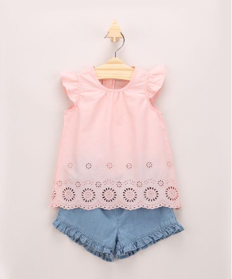 Conjunto-Infantil-de-Blusa-com-Vazados-Manga-Curta-Rosa---Short-Jeans-com-Babados-Azul-Claro-9952402-Azul_Claro_1