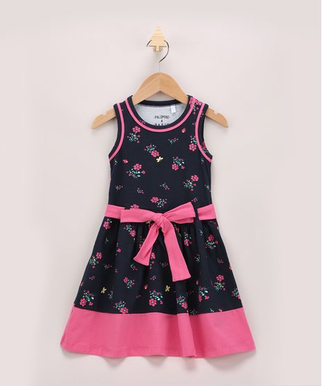 Vestido-Infantil-Estampado-Floral-com-Recortes-e-Faixa-para-Amarrar-Alca-Larga-Azul-Marinho-9965047-Azul_Marinho_1