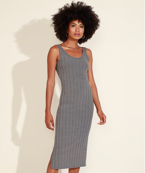 Vestido-Feminino-Midi-Canelado-com-Fendas-Alca-Larga-Cinza-Mescla-Escuro-9960656-Cinza_Mescla_Escuro_1