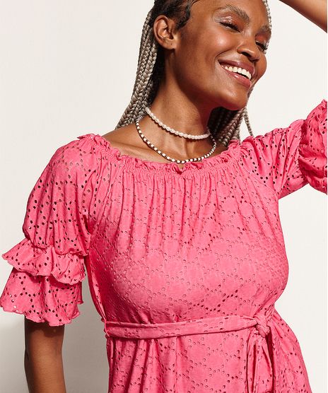 Vestido-de-Laise-Feminino-Curto-Ombro-a-Ombro-com-Faixa-para-Amarrar-e-Babado-na-Manga-Pink-9967662-Pink_1