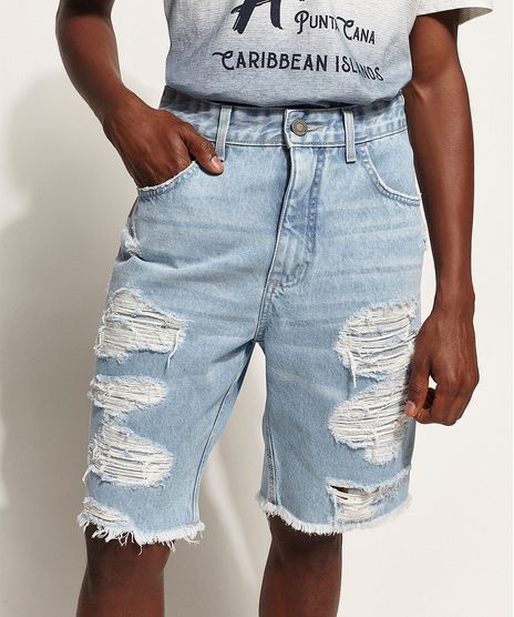 Bermuda Jeans Rasgada Slim Masculina
