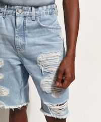 Bermuda Jeans Rasgada Slim Masculina Detalhe