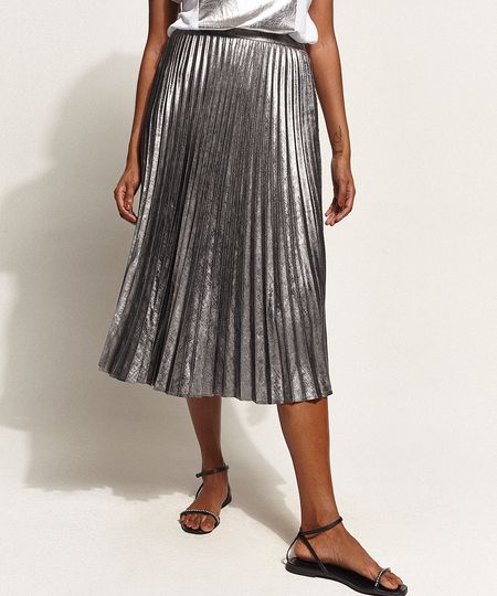 Saia Plissada Midi Metalizada Grafite Saia Plissada Midi Metalizada Grafite