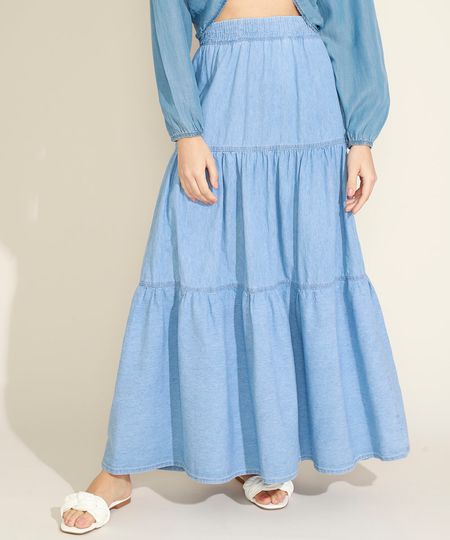 Saia Longa Jeans Azul Claro com Elástico Saia Longa Jeans Azul Claro com Elástico